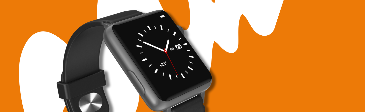 Smartwatch with a black strap on an orange background